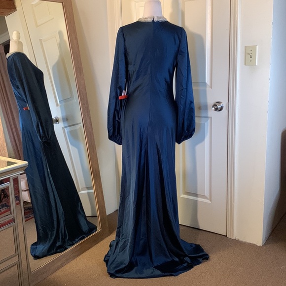 Mac Duggal Beaded High Neck Bishop Sleeve Satin Gown 26575 - Picture 7 of 11